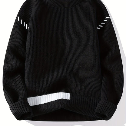 Unisex Rippstrick Pullover Rundhals mit Streifenmuster an Ärmeln und Saum
