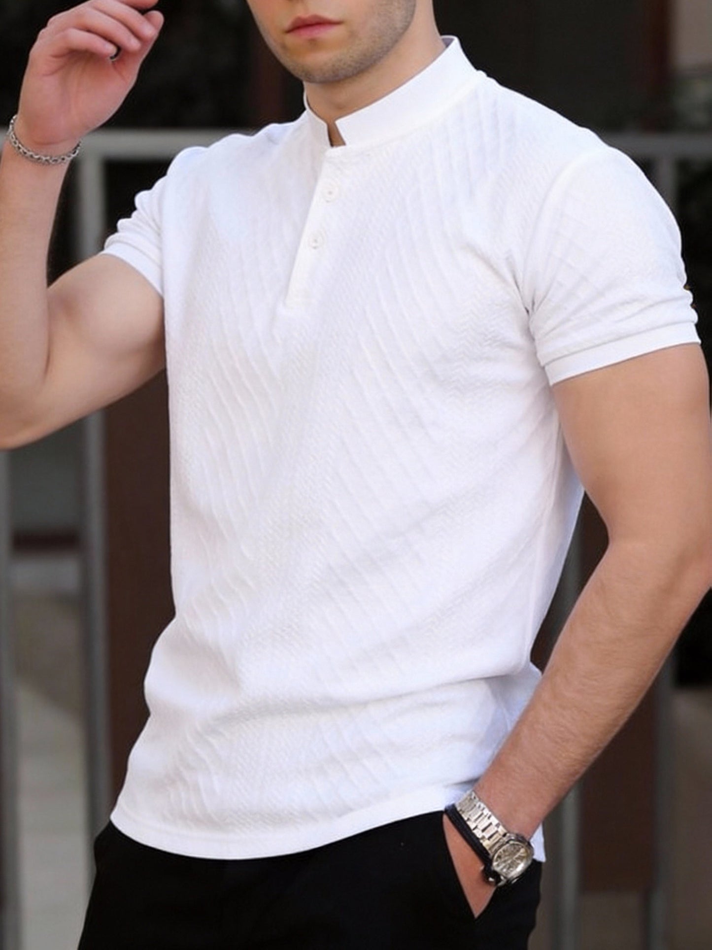 Herren Poloshirt mit Stehkragen und dezentem Muster – Modernes Kurzarm Freizeithemd