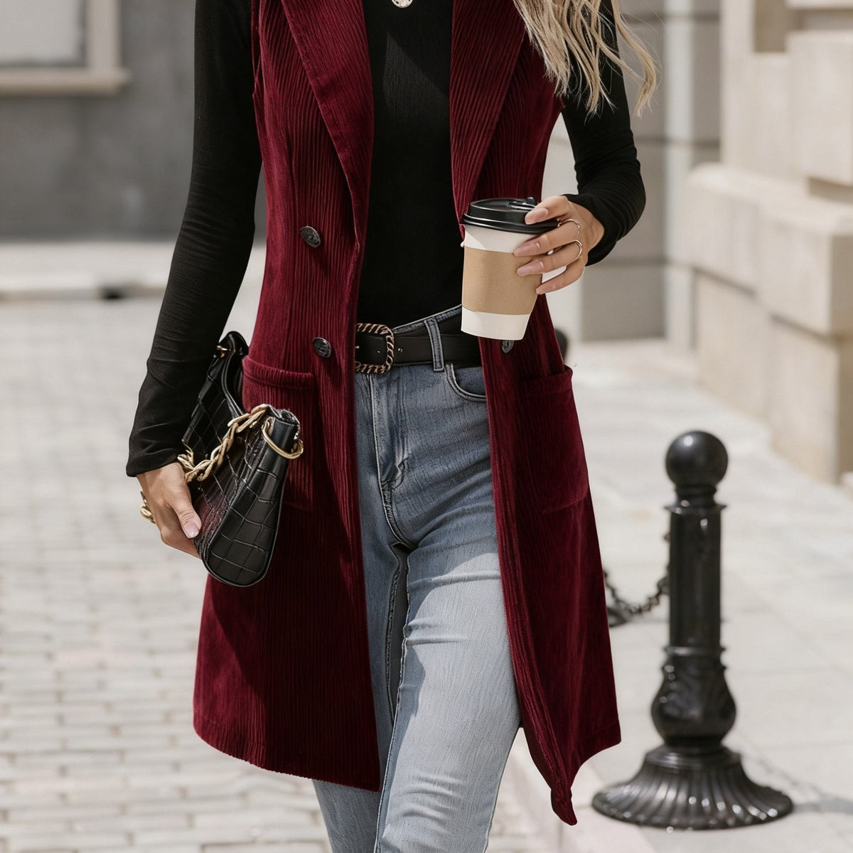 Damen Lang Weste Cord Langarm-Blazer-Weste Zweireihig Mit Taschen