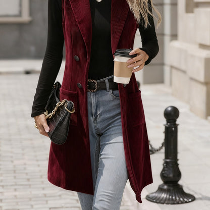 Damen Lang Weste Cord Langarm-Blazer-Weste Zweireihig Mit Taschen