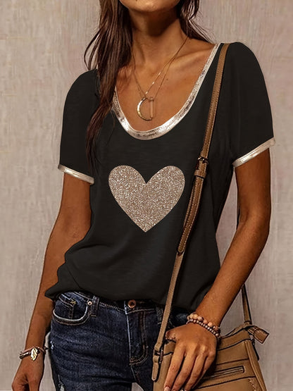 Damen T-Shirt mit Herz-Print und Metallic-Details – Modisches Freizeitshirt mit V-Ausschnitt