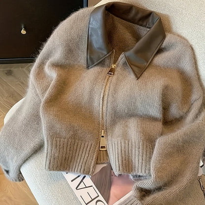 Damen Strickjacke kurz mit Kragen Reißverschluss Beige