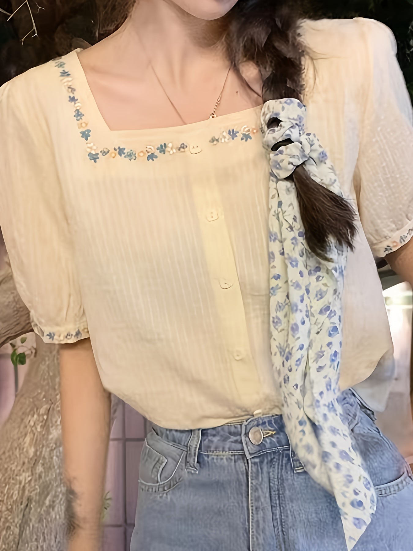 Damen Bluse elegant mit Stickerei und Quadratkragen – Sommer Freizeit Oberteil