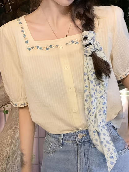 Damen Bluse elegant mit Stickerei und Quadratkragen – Sommer Freizeit Oberteil