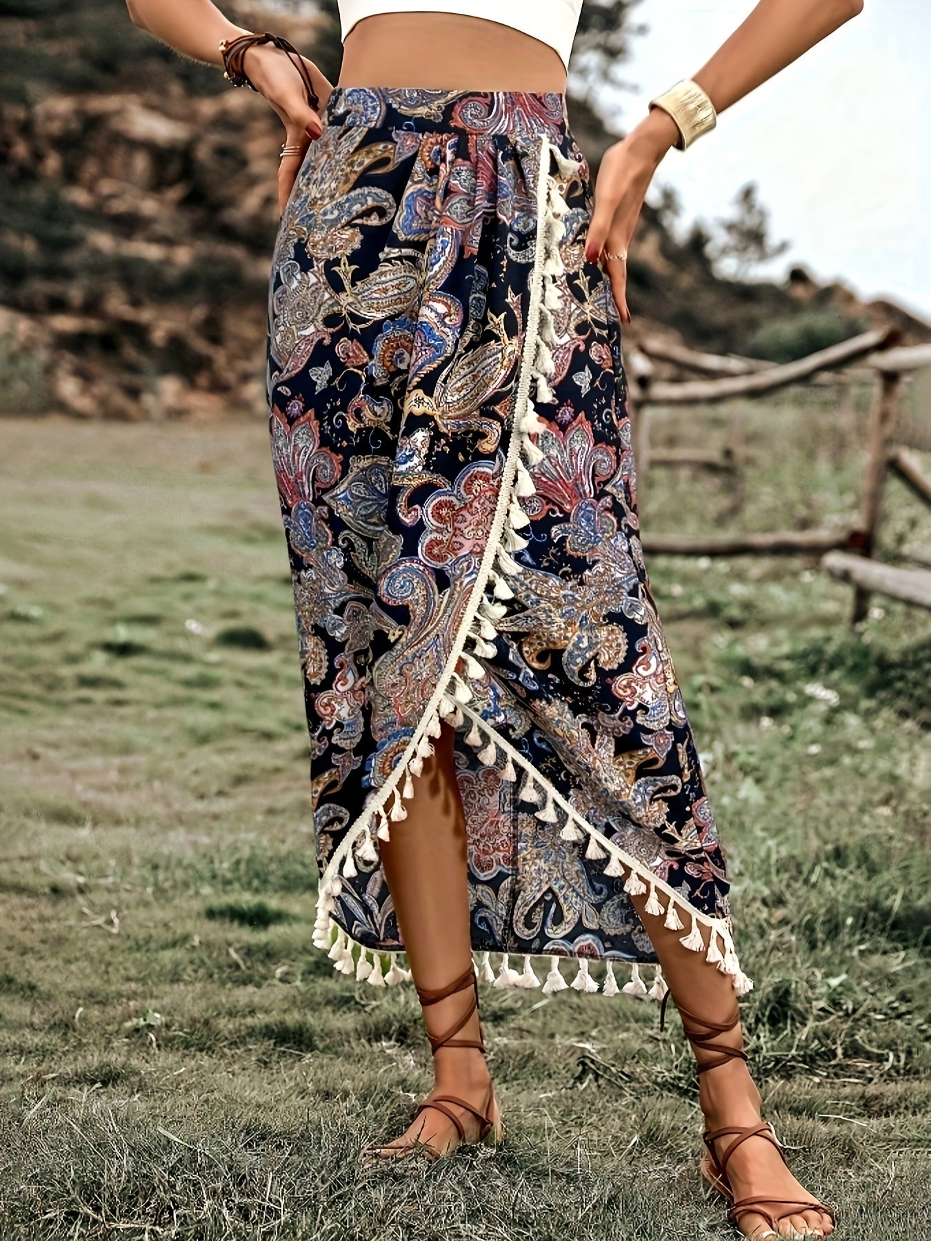 Damen Boho-Wickelrock mit Paisley-Muster und Quasten, Midi, Vintage-Stil, Elegant für Freizeit und Urlaub