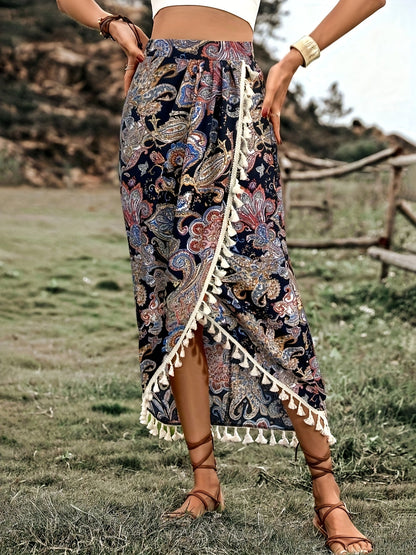 Damen Boho-Wickelrock mit Paisley-Muster und Quasten, Midi, Vintage-Stil, Elegant für Freizeit und Urlaub