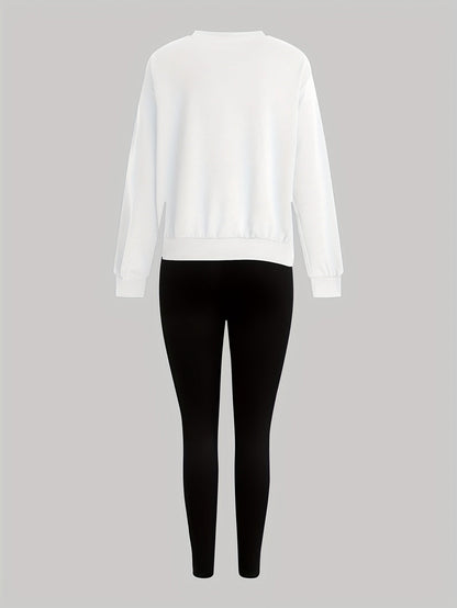 Damen Sweatshirt & Leggings Set mit Pfotenabdruck-Print, Langarm Oberteil und Hose