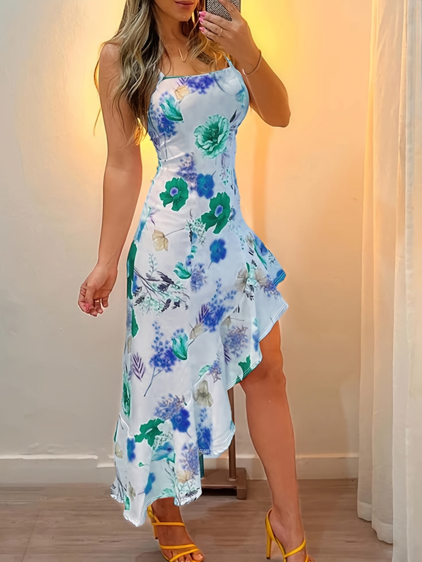 Damen Asymmetrisches Midi-Kleid mit Blumenmuster und Rüschen – Elegantes Partykleid
