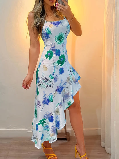 Damen Asymmetrisches Midi-Kleid mit Blumenmuster und Rüschen – Elegantes Partykleid