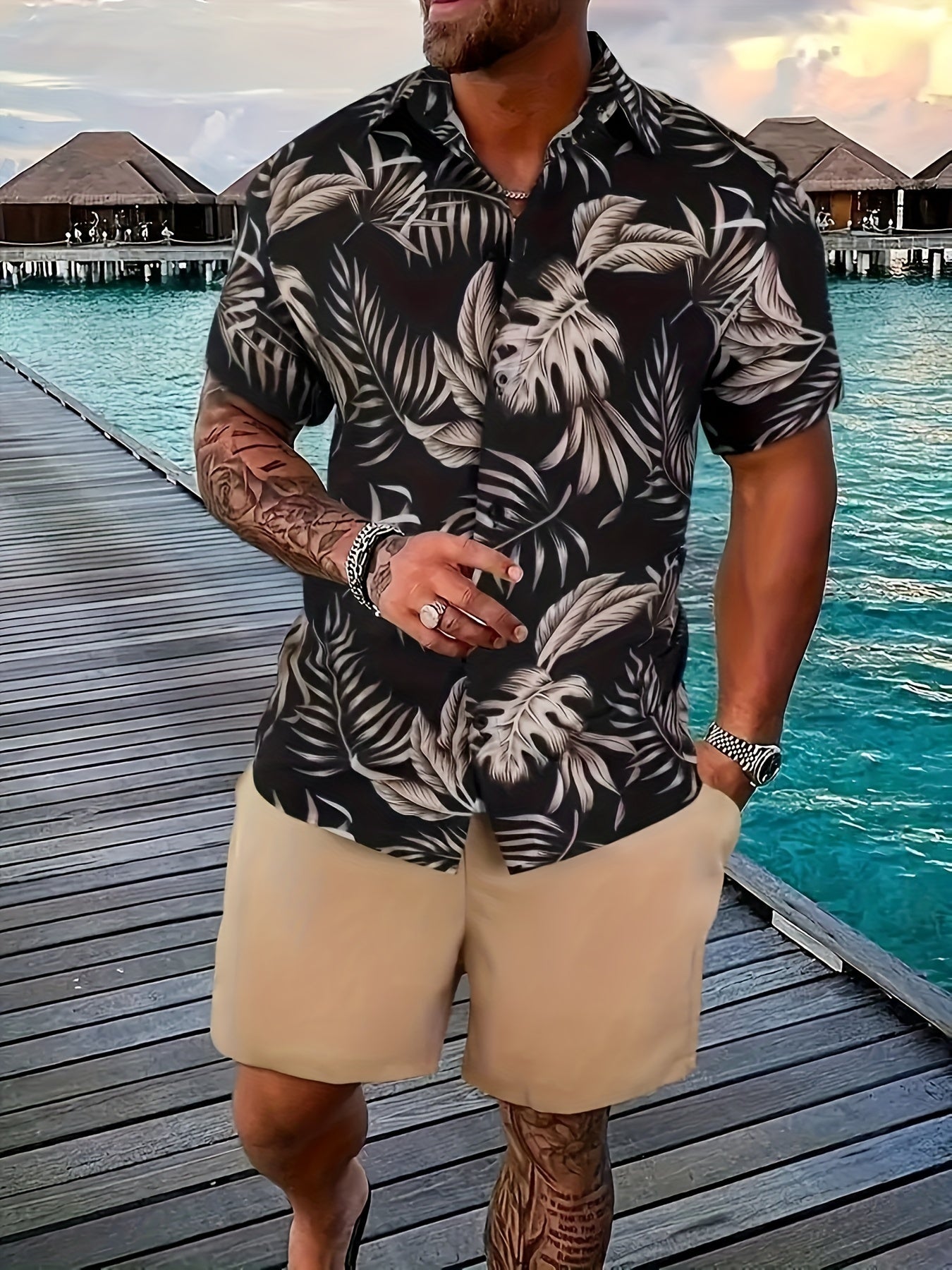 Herren Sommer Strand Set – Kurzarm Hemd mit tropischem Print und Shorts, Freizeitmode für Urlaub