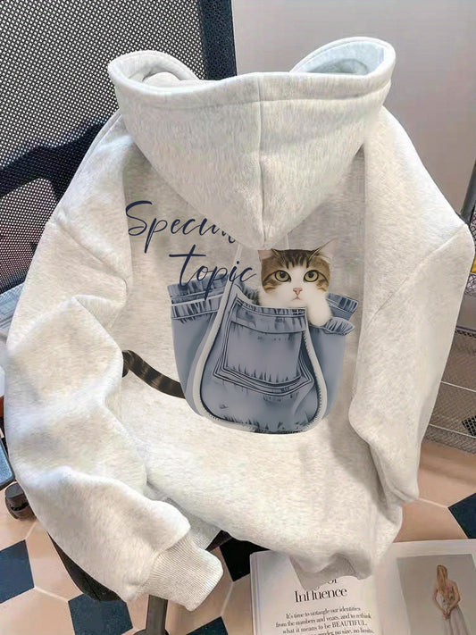 Kapuzenpullover Damen Hellgrau mit Katze in Tasche Print Lockerer Hoodie