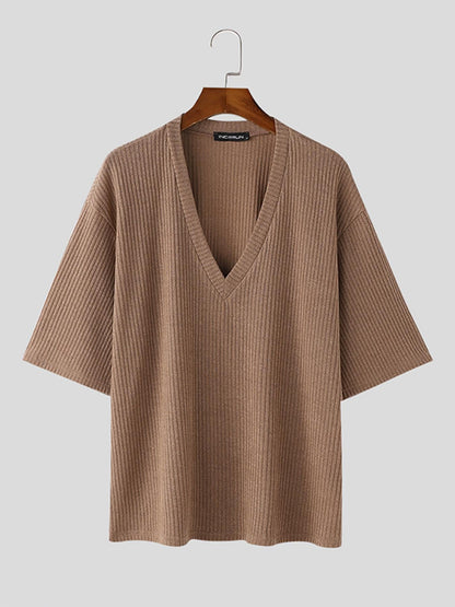 Herren Strickpullover V-Ausschnitt Kurzarm Rippstrick Lässig