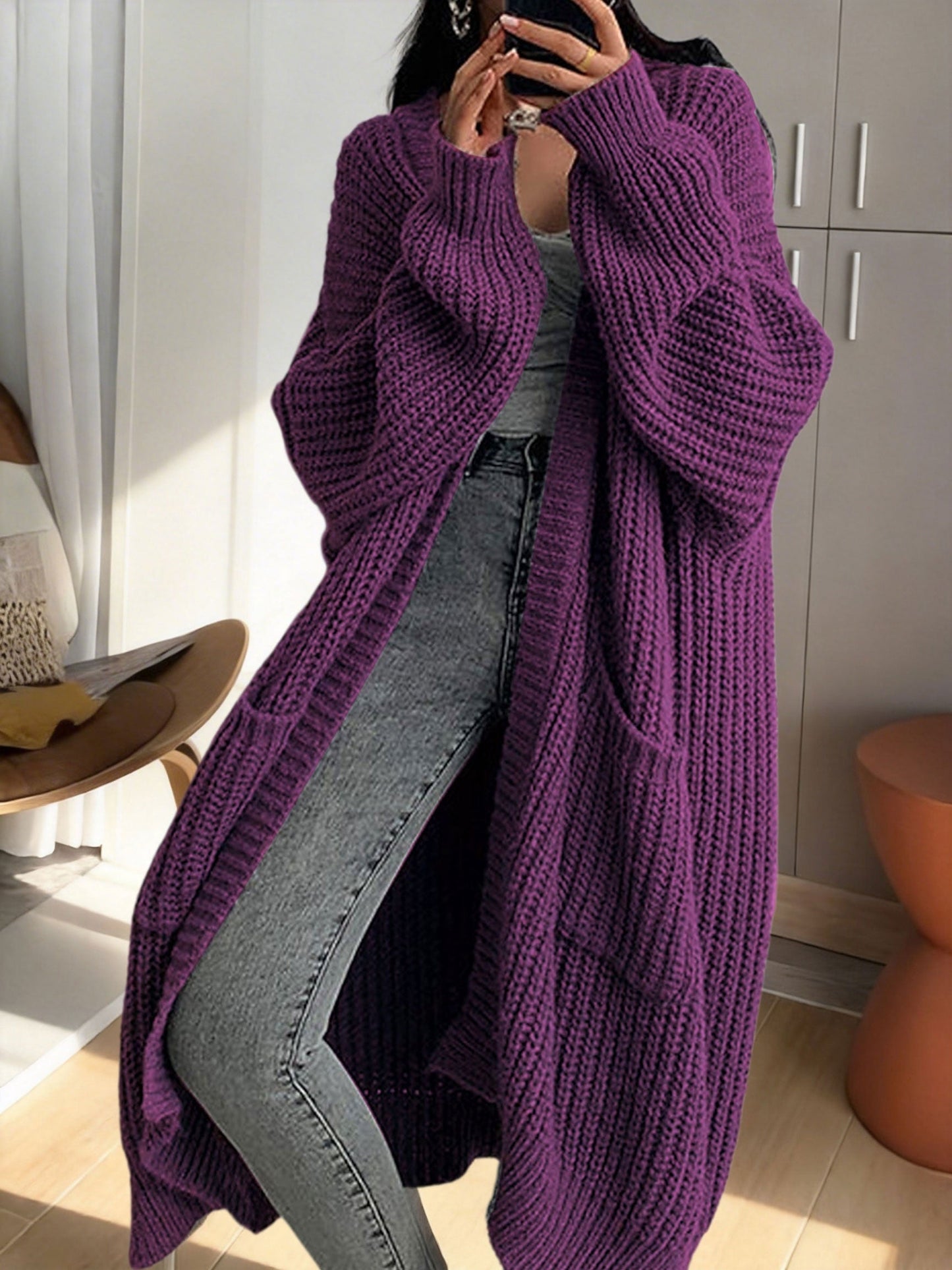 Damen Oversize Strick-Cardigan Lang Offene Front mit Taschen – Lässiger Streetstyle