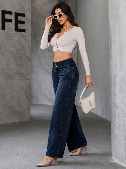 Damen Weitbein Jeans High Waist Elegant Freizeitmode