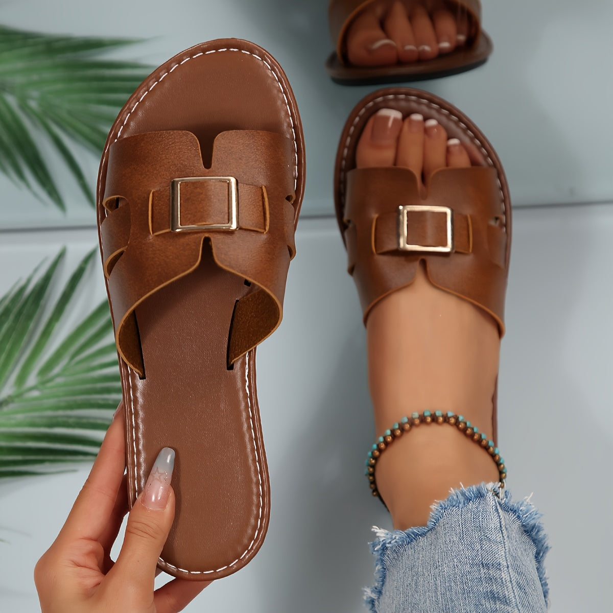 Damen Slide Sandalen mit Schnalle – Bequeme modische Flats für Alltag & Freizeit