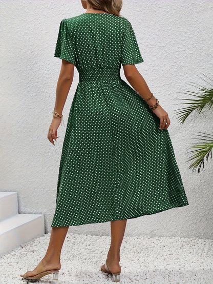 Damen Polka Dot Sommerkleid mit V-Ausschnitt – Elegantes Freizeit Maxikleid