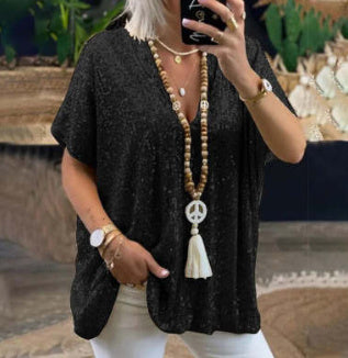 Damen Pailletten Tunika mit V-Ausschnitt – Glitzerndes Oversize-Shirt für festliche Anlässe