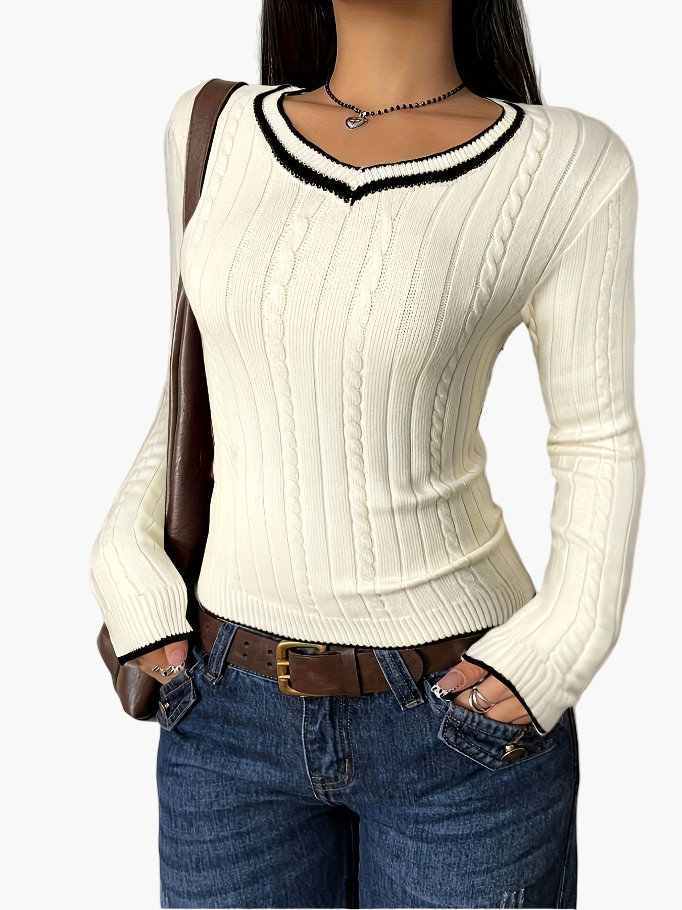 Damen Strickpullover mit V-Ausschnitt und Kontrastkante – Modischer Casual-Look für Alltag und Büro