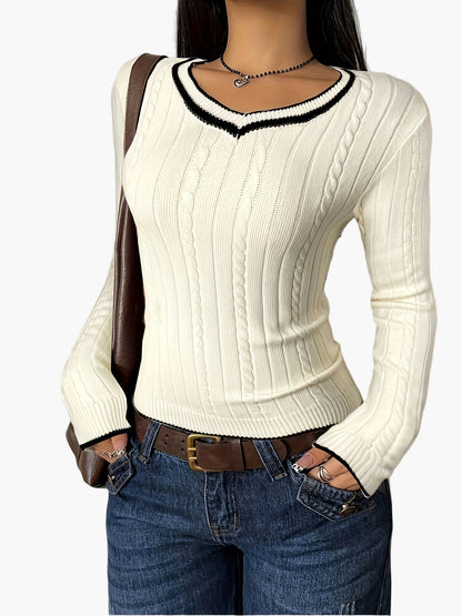 Damen Strickpullover mit V-Ausschnitt und Kontrastkante – Modischer Casual-Look für Alltag und Büro