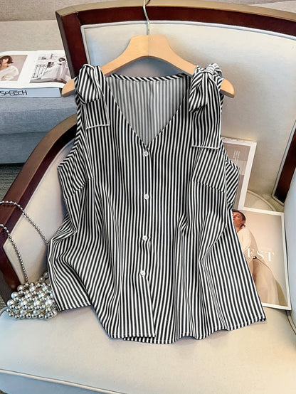 Damen Blusentop mit Streifen und Knopfleiste – Eleganter Sommer-Style für Büro & Freizeit