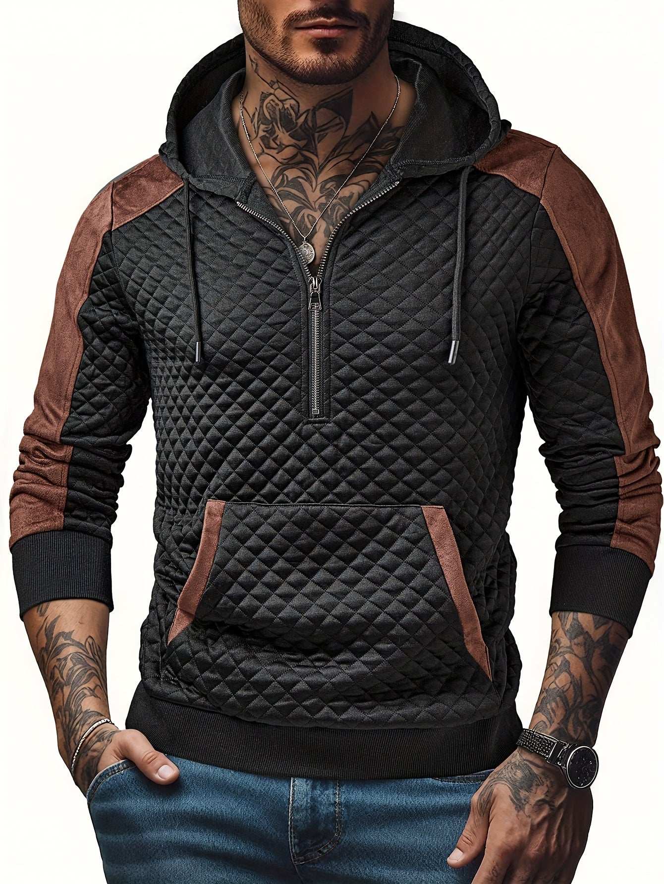 Herren Hoodie mit Steppmuster und Kontrastärmeln Reißverschluss Kapuzenpullover