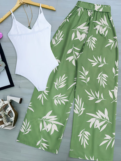 Damen Elegante Weitbein-Hose mit Bindegürtel und Tropenprint – Perfekt für Sommer und Freizeit