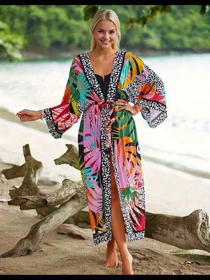 Damen Kimono Strandkleid – Langer, gemusterter Überwurf für Urlaub und Resort