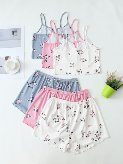 Damen Pyjama Set mit Blumenmuster – 3-teiliges Sommer Schlafanzug Set mit Shorts und Träger-Top, für entspannte Nächte