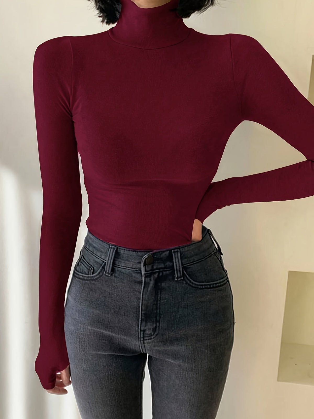Damen Rollkragen Langarmshirt mit Daumenloch Winter Warm