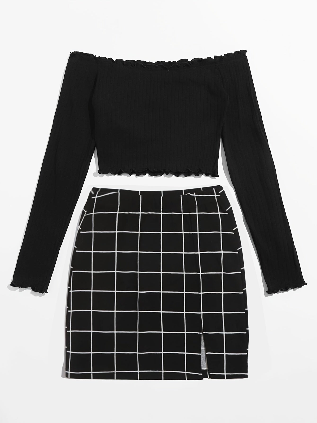 Damen Zweiteiler Set – Off-Shoulder Oberteil & Karierten Minirock, Modernes Party- und Freizeit-Outfit