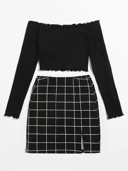 Damen Zweiteiler Set – Off-Shoulder Oberteil & Karierten Minirock, Modernes Party- und Freizeit-Outfit