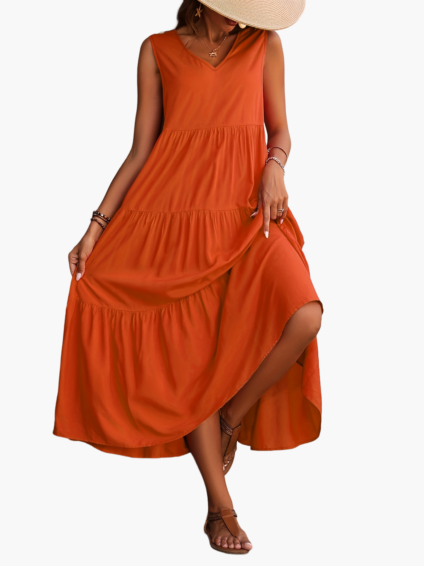 Damen Sommer Maxikleid Elegant V-Ausschnitt Ärmellos Freizeitkleid