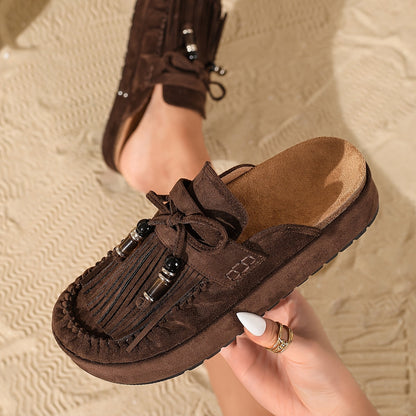 Damen Mokassin-Pantoletten mit Fransen und Perlendekor – Vintage Slipper für Sommer und Freizeit