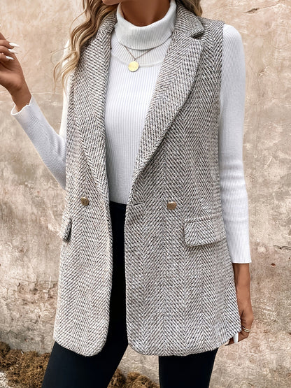 Damen Weste Fischgrätmuster Lang Elegant Ärmellos Grau Weiß