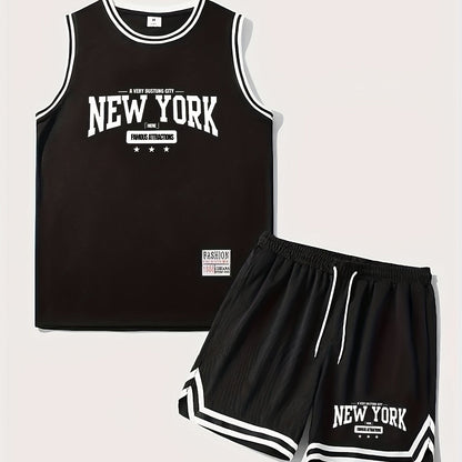 Herren Basketball Set Sport Outfit New York Print – Ärmelloses Trikot & Shorts, Freizeit & Training