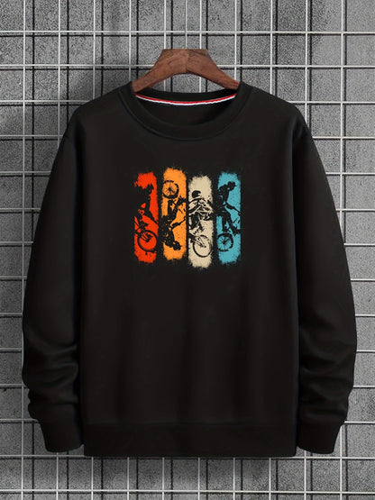 Unisex Sweatshirt Rundhals Langarm mit Fahrradfahrer-Print Mehrfarbig