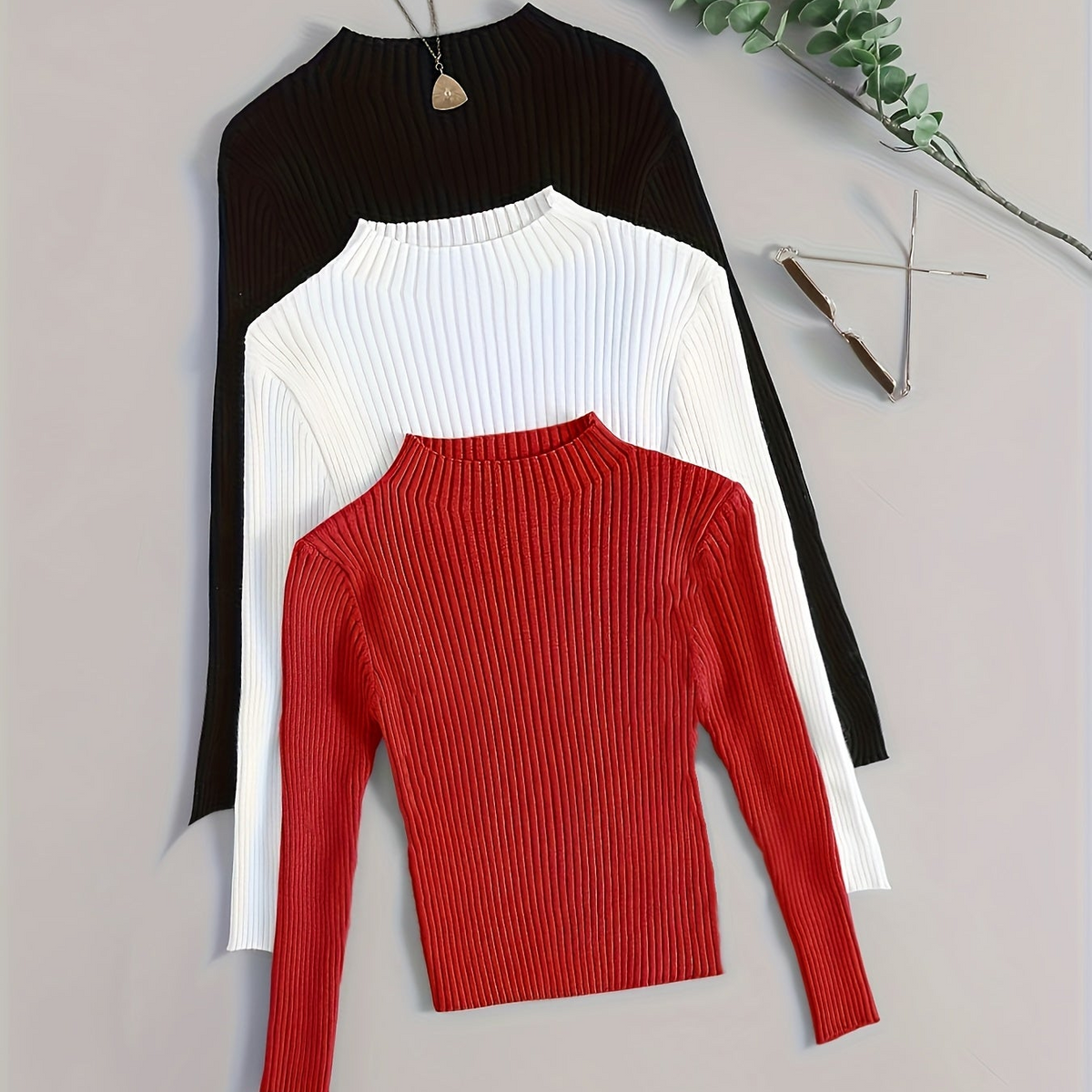 Damen Geripptes Langarm-Top mit Stehkragen, Stretch-Rippstrick-Pullover in verschiedenen Farben