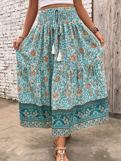 Damen Boho Maxirock mit Blumenmuster und elastischem Bund – Sommer Freizeitrock, Vintage Stil