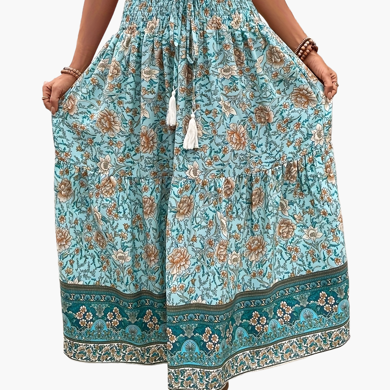 Damen Boho Maxirock mit Blumenmuster und elastischem Bund – Sommer Freizeitrock, Vintage Stil