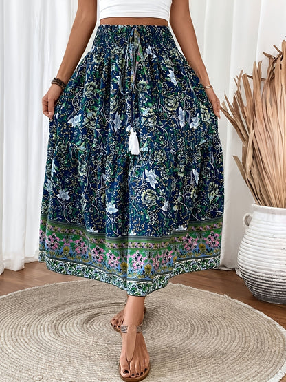 Damen Boho Maxirock mit Blumenmuster und elastischem Bund – Sommer Freizeitrock, Vintage Stil