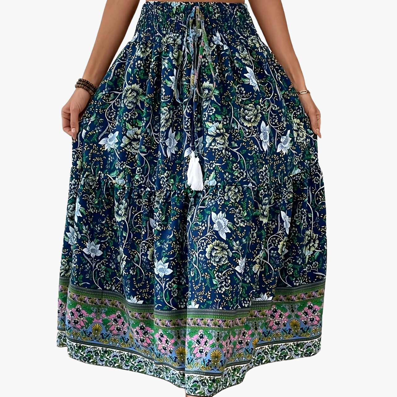 Damen Boho Maxirock mit Blumenmuster und elastischem Bund – Sommer Freizeitrock, Vintage Stil