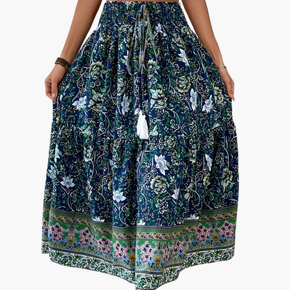 Damen Boho Maxirock mit Blumenmuster und elastischem Bund – Sommer Freizeitrock, Vintage Stil
