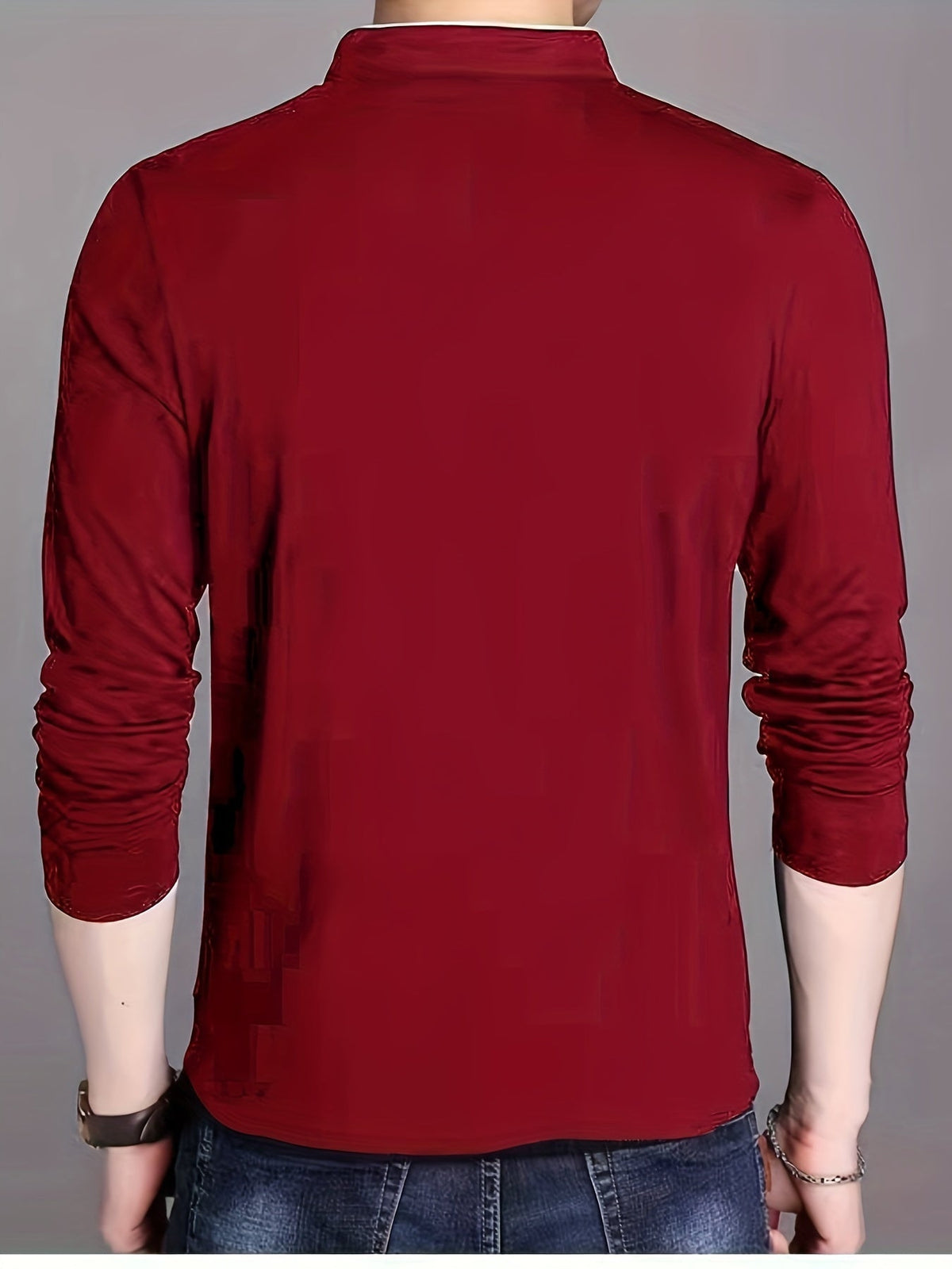 Herren Langarmshirt Henley Stehkragen Knopfleiste Bordeaux