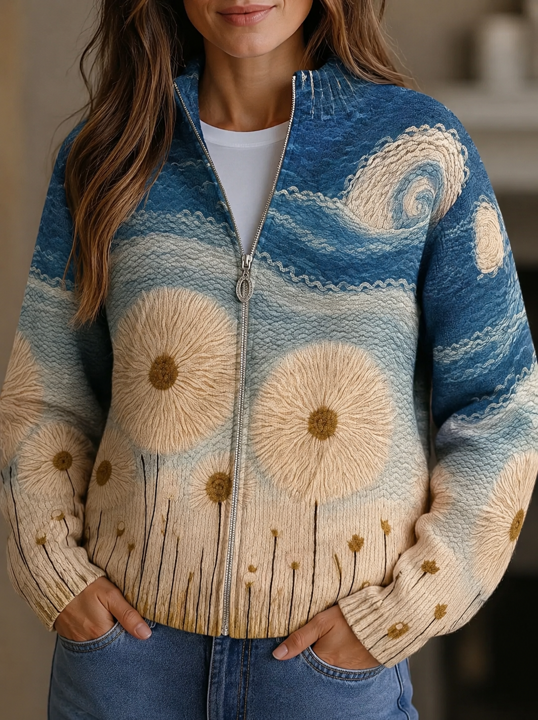 Damen Strickjacke mit Reißverschluss, floralem Design und Stehkragen