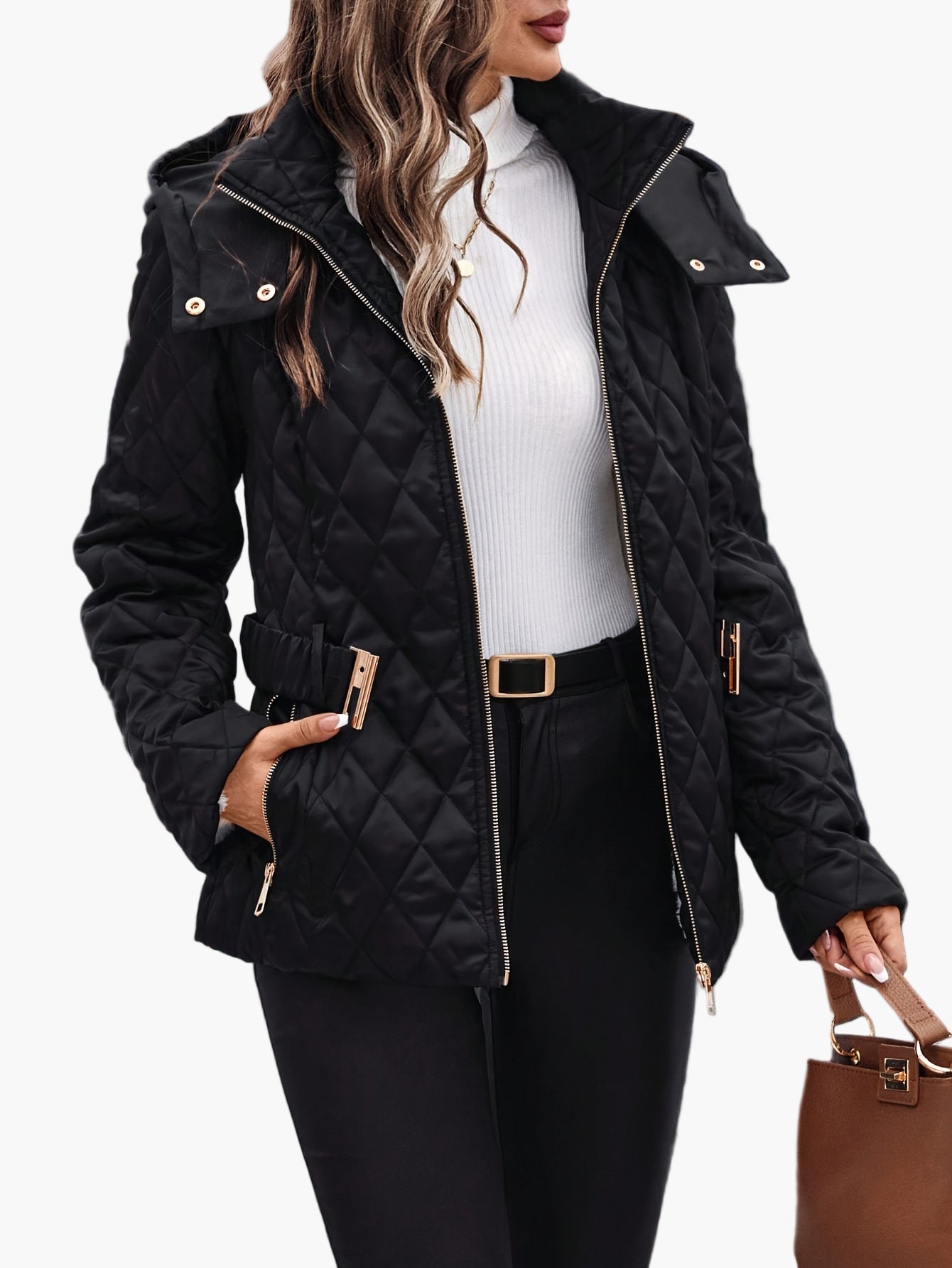 Damen Steppjacke mit Gürtel, Eleganter Wintermantel, Alltag & Freizeit