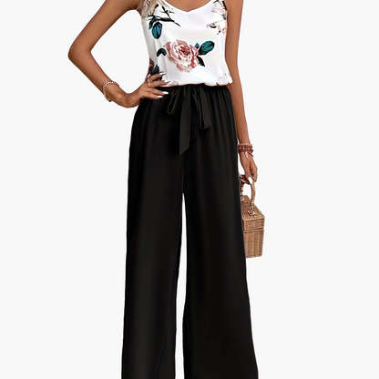 Damen Eleganter Jumpsuit mit Blumenmuster und Bindegürtel – Perfekt für Sommer und Freizeit