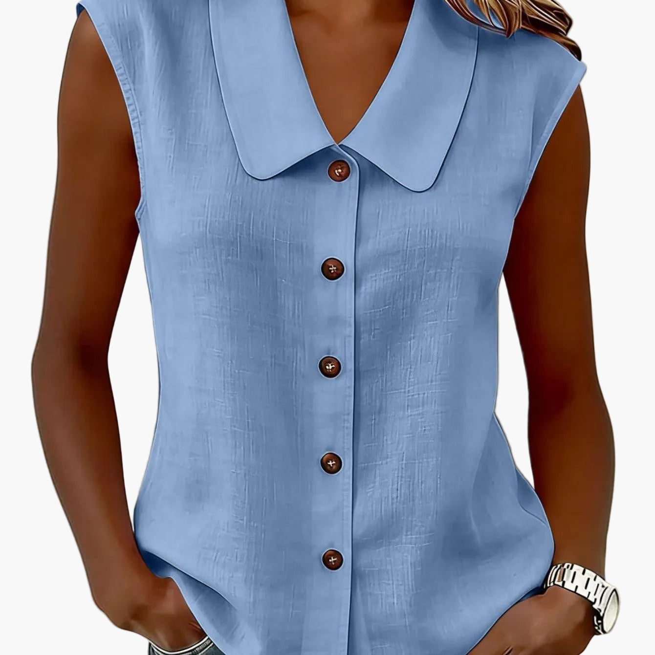 Damen Blusentop ohne Ärmel mit Knopfleiste und großem Kragen – Eleganter Freizeitstil für Alltag und Büro