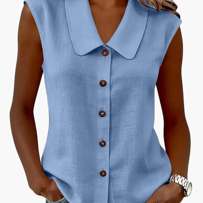 Damen Blusentop ohne Ärmel mit Knopfleiste und großem Kragen – Eleganter Freizeitstil für Alltag und Büro
