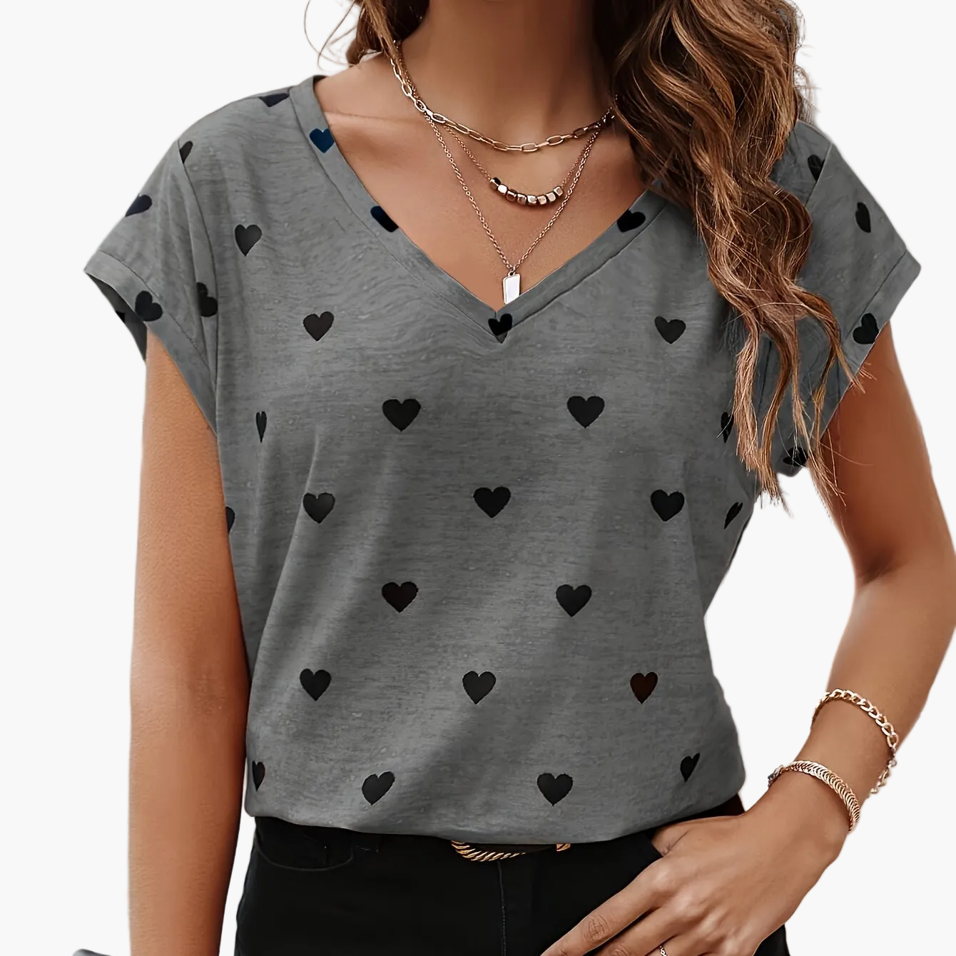 Damen Herzmuster V-Ausschnitt T-Shirt – Modisches Freizeitshirt für Alltag und Sommer