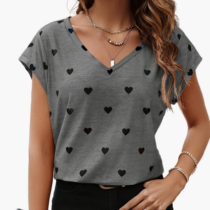 Damen Herzmuster V-Ausschnitt T-Shirt – Modisches Freizeitshirt für Alltag und Sommer